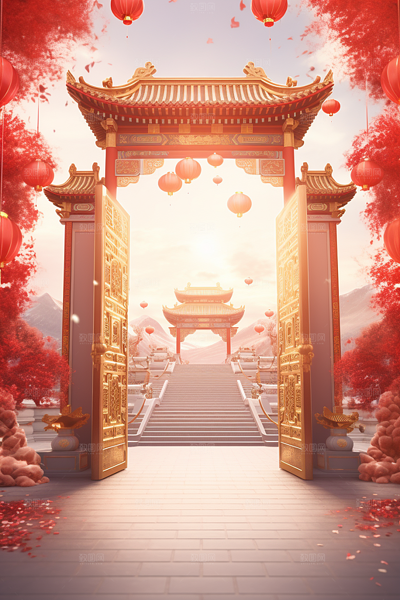 中式传统门楼热卖促销背景图