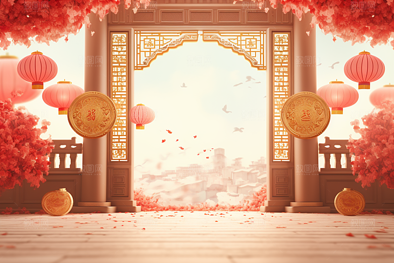 中式传统门楼直播促销背景图
