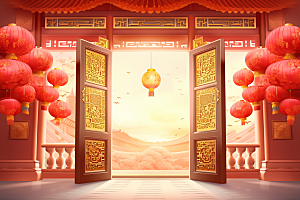 中式传统门楼直播开业大吉背景图