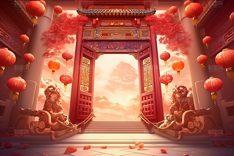 中式传统门楼开业直播背景图