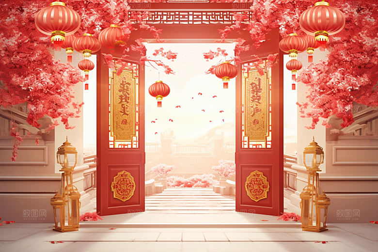 中式传统门楼喜庆开业大吉背景图