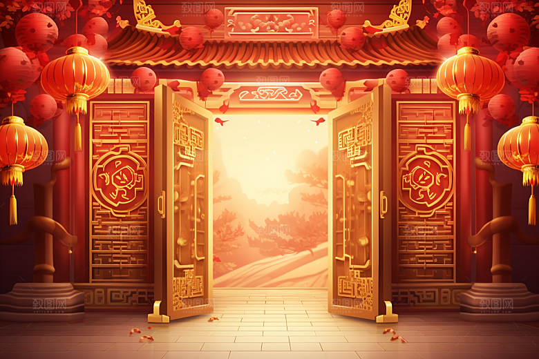 中式传统门楼国潮开门红背景图