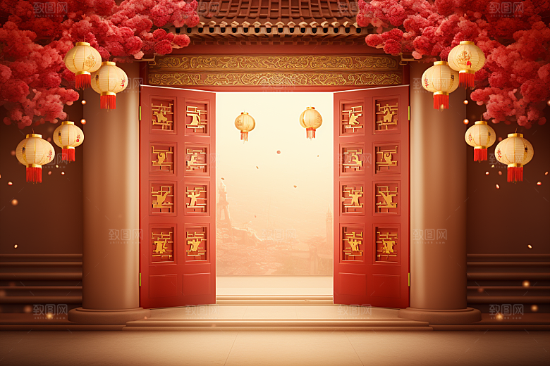 中式传统门楼开业喜庆背景图