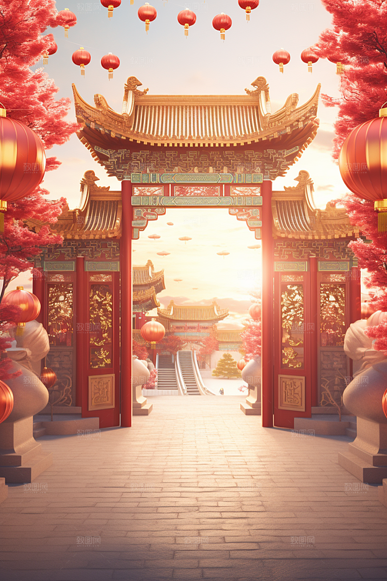 中式传统门楼开业大吉火热背景图
