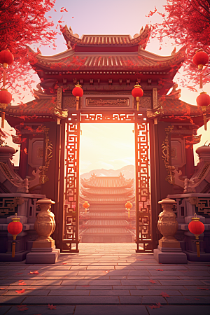 中式传统门楼火热国潮背景图
