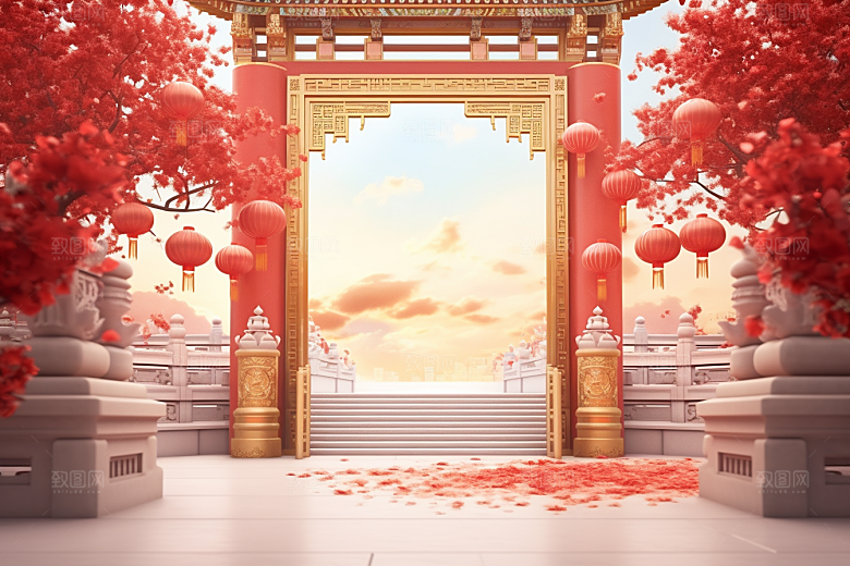 中式传统门楼开业喜庆背景图