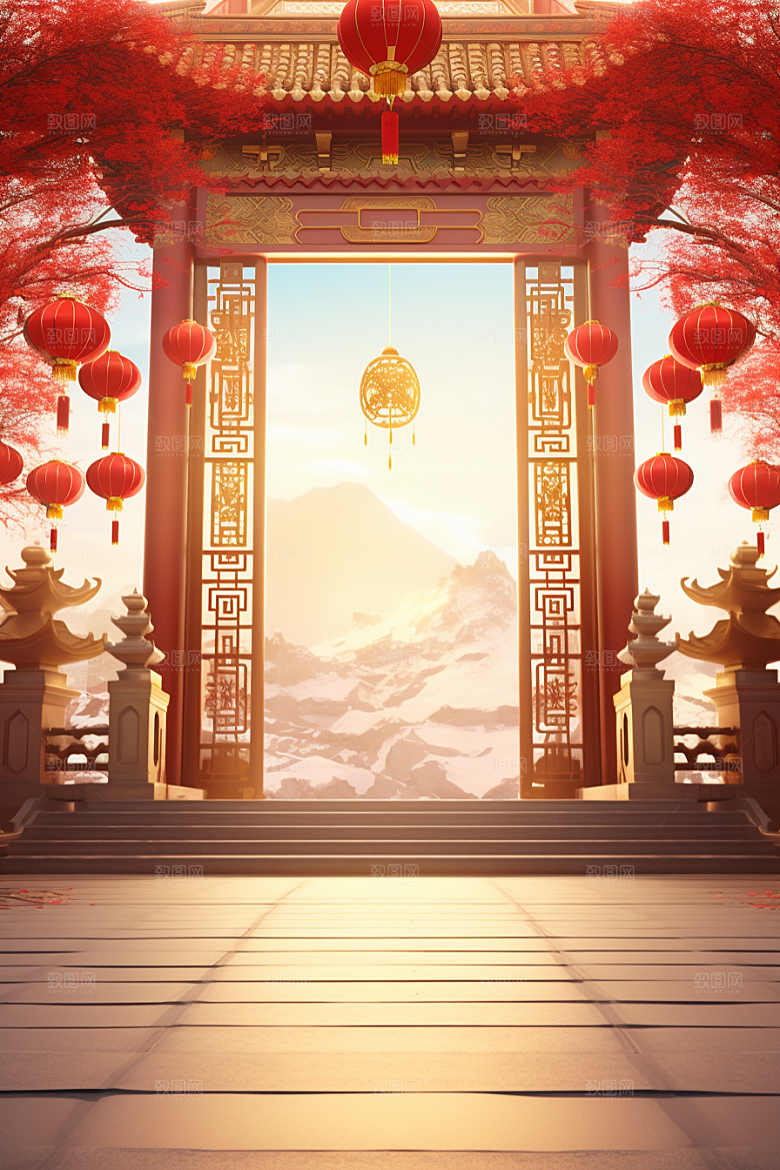 中式传统门楼国潮开业背景图