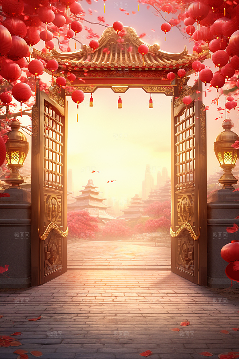 中式传统门楼开业大吉火热背景图