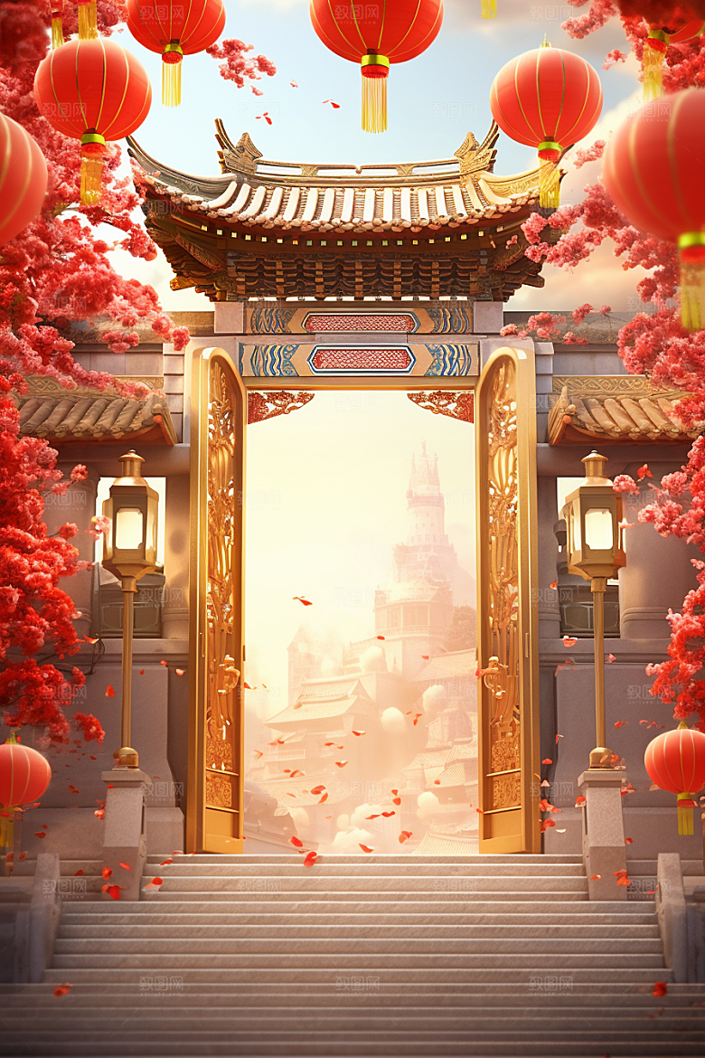中式传统门楼喜庆中国风背景图
