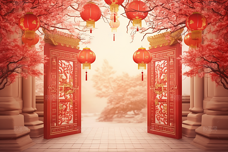 中式传统门楼开业直播背景图
