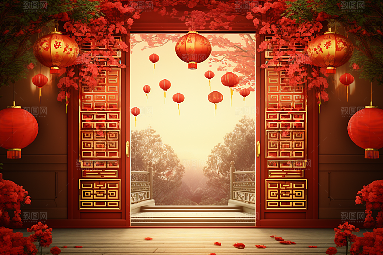 中式传统门楼开门红促销背景图