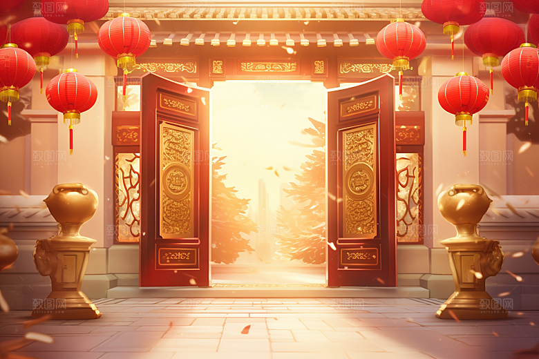 中式传统门楼中国风开门红背景图