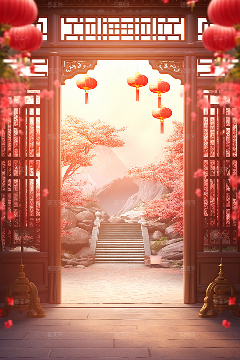 中式传统门楼开业热卖背景图