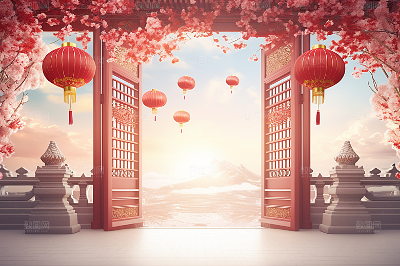 中式传统门楼促销开业背景图