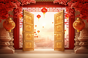 中式传统门楼直播火热背景图
