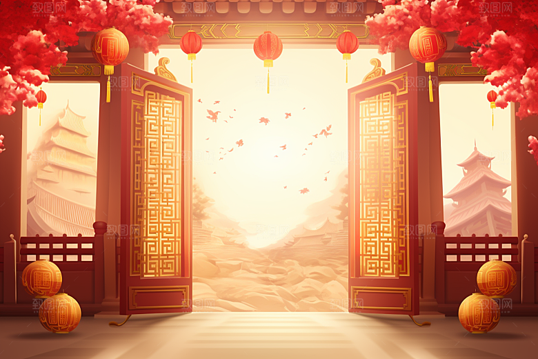 中式传统门楼国潮开门红背景图