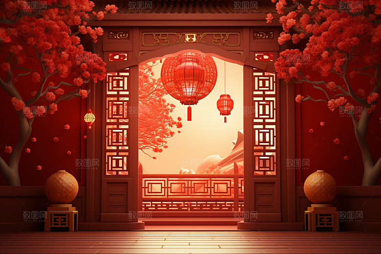 中式传统门楼中国风开门红背景图