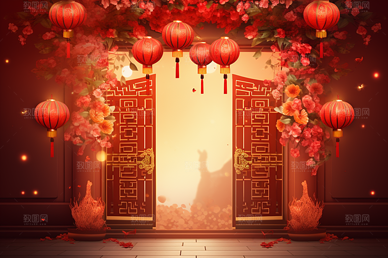 中式传统门楼火热国潮背景图