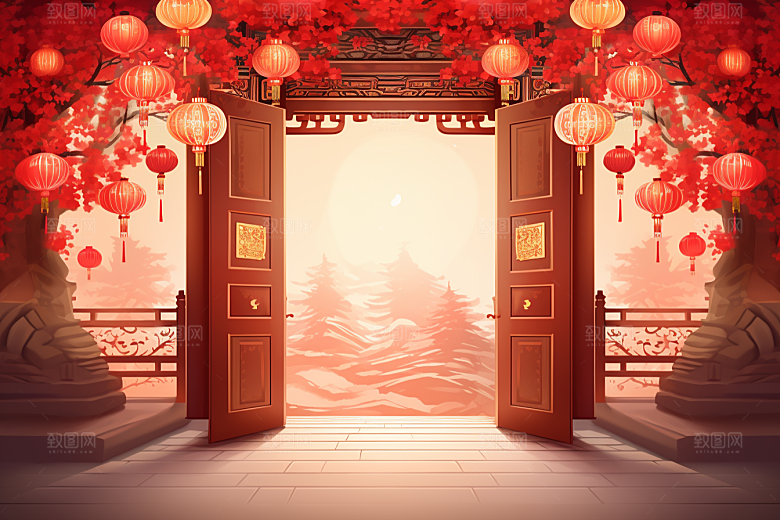 中式传统门楼开门红喜庆背景图
