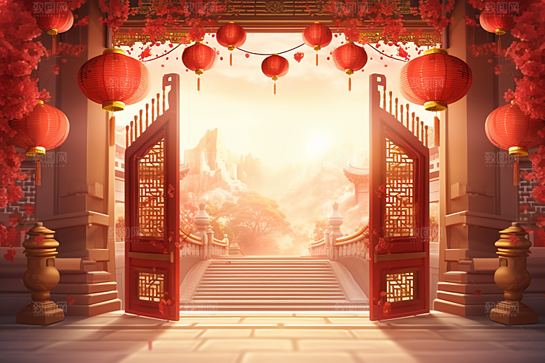 中式传统门楼促销开门红背景图