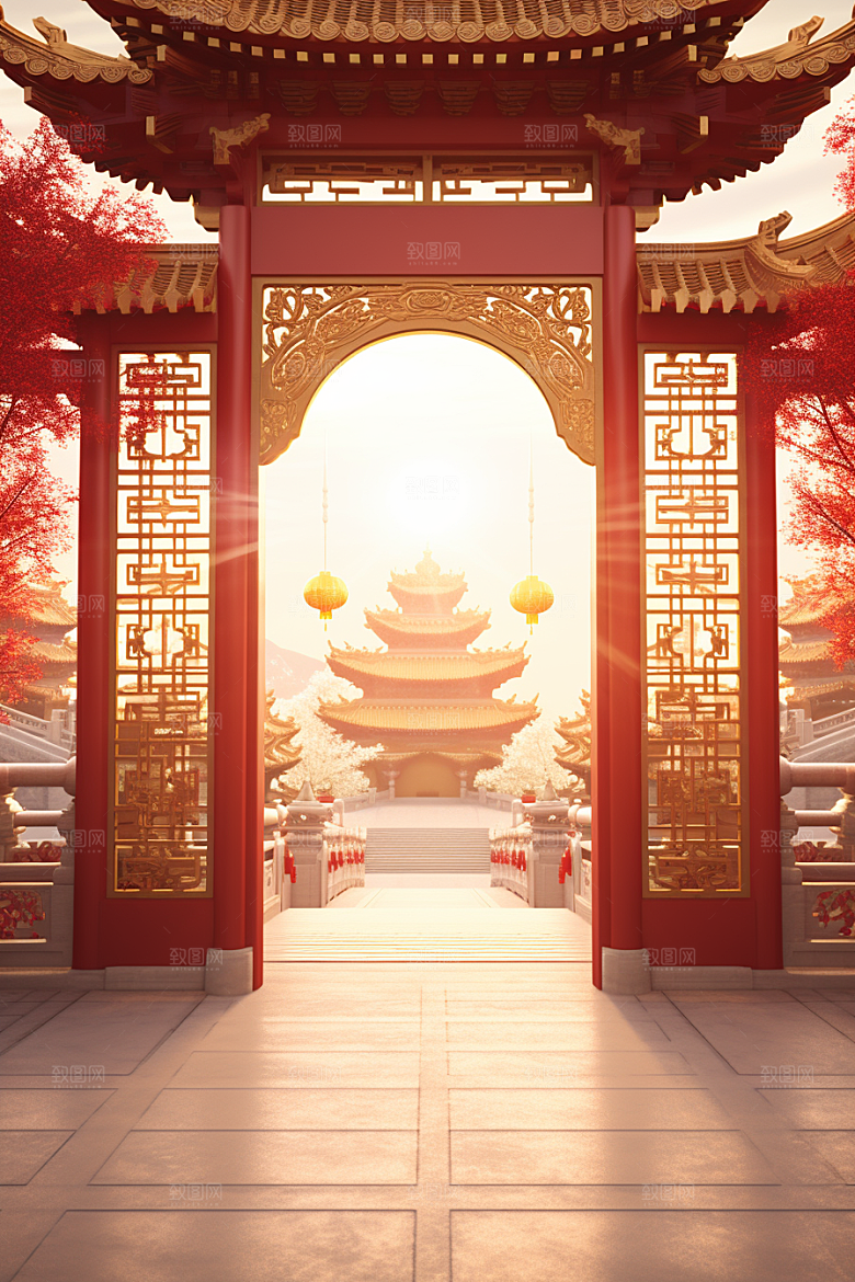 中式传统门楼开业促销背景图