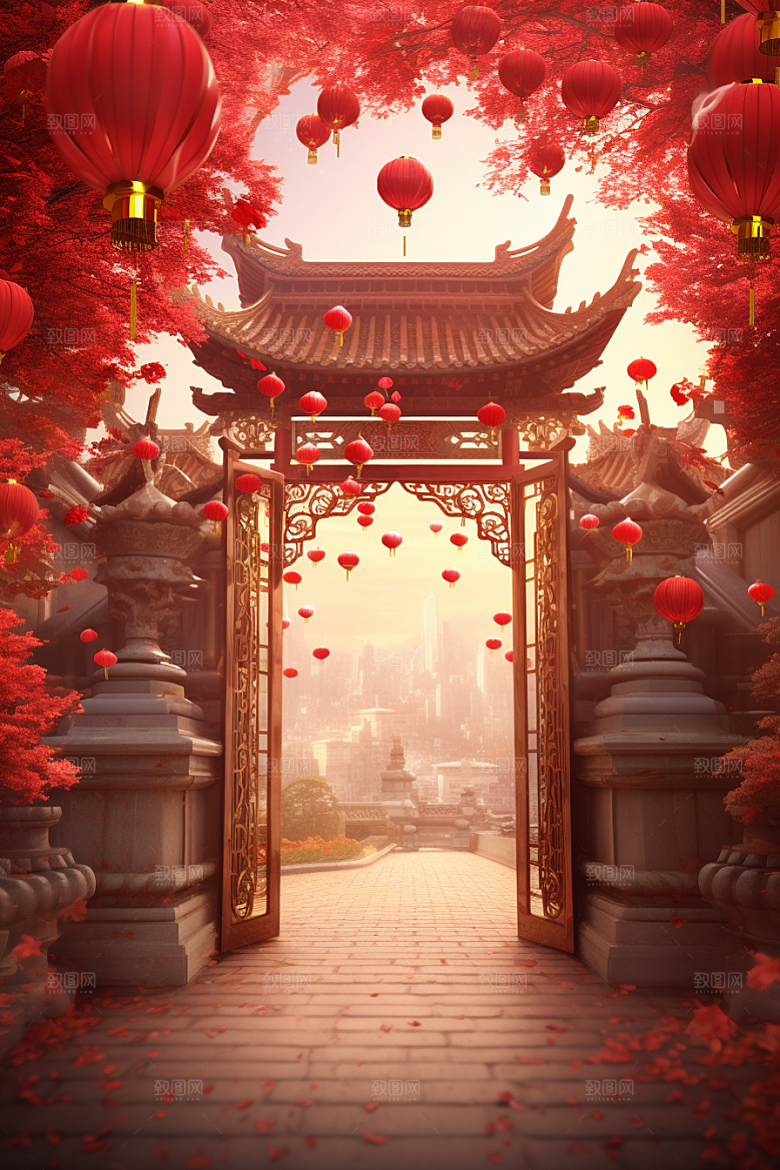 中式传统门楼直播开门红背景图