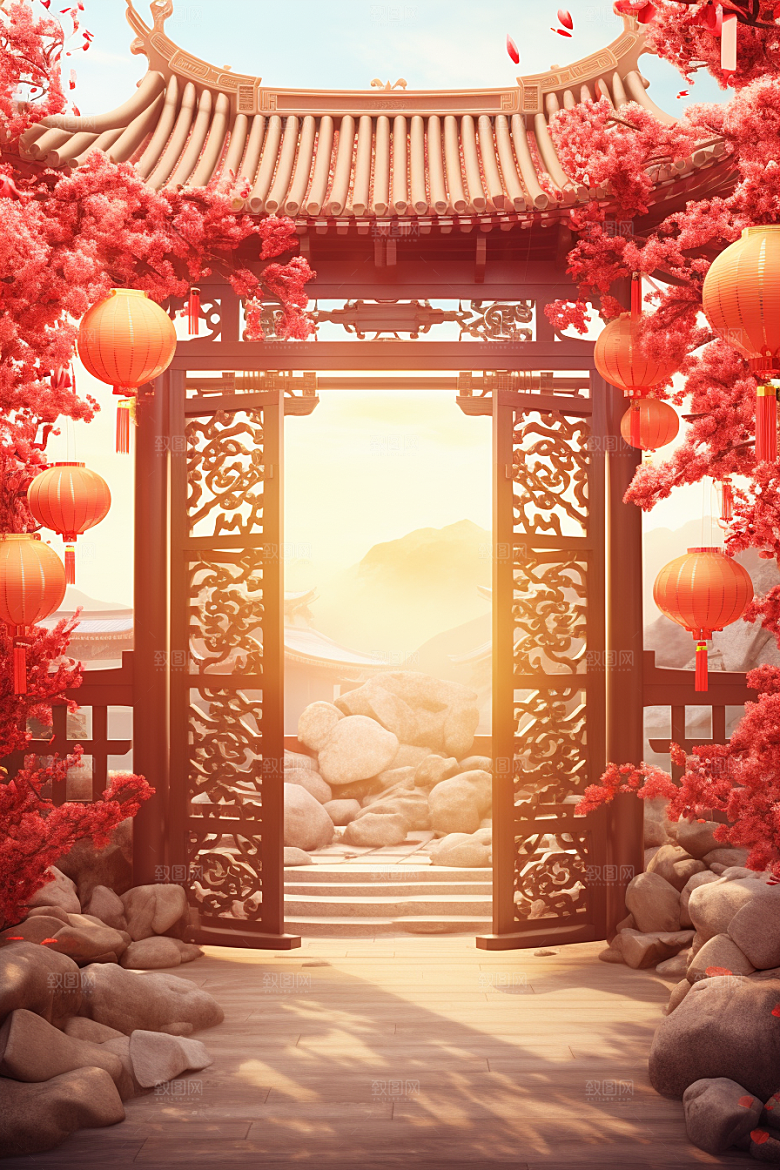 中式传统门楼开业喜庆背景图