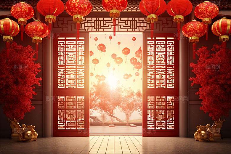 中式传统门楼开门红开业背景图