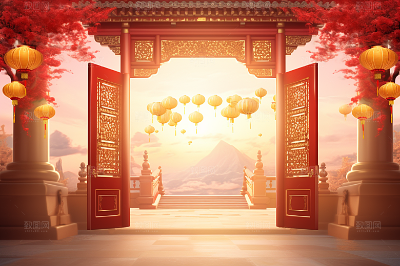 中式传统门楼喜庆开业背景图