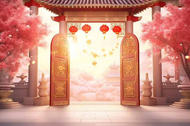 中式传统门楼直播促销背景图