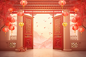 中式传统门楼喜庆火热背景图