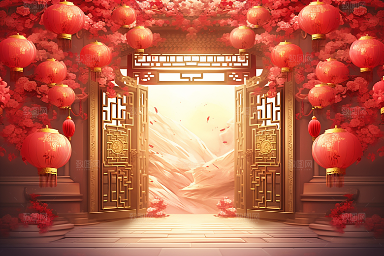 中式传统门楼喜庆直播背景图