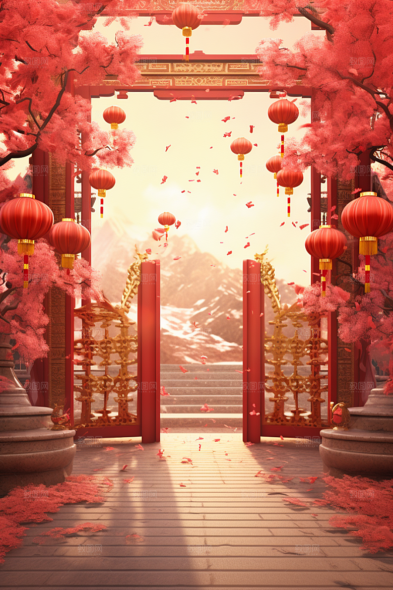 中式传统门楼国潮开门红背景图