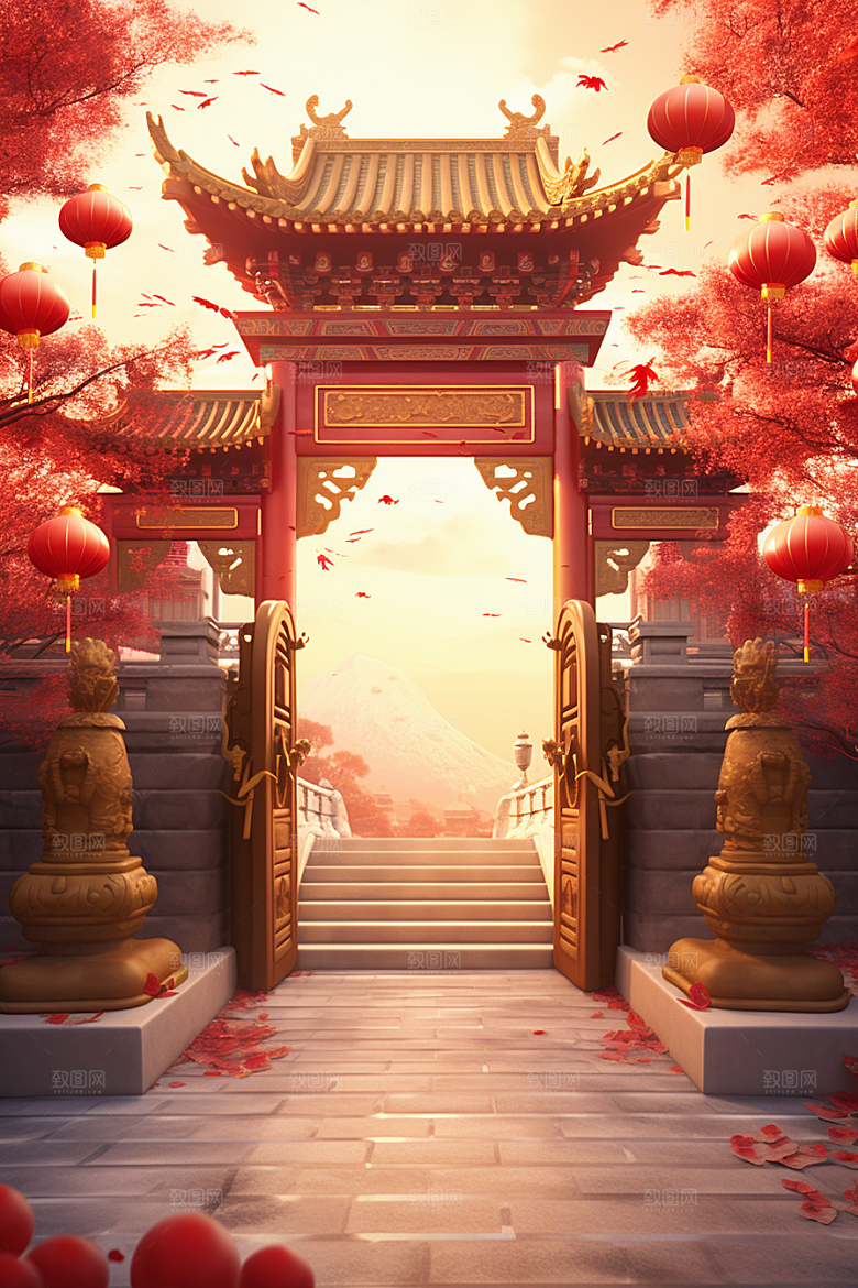 中式传统门楼火热国潮背景图