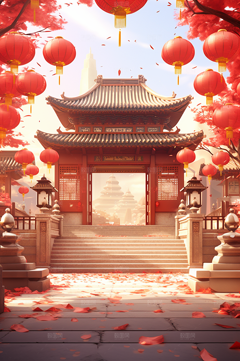 中式传统门楼开门红开业大吉背景图