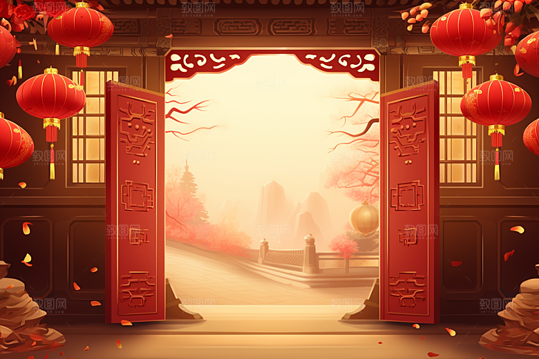 中式传统门楼开门红开业大吉背景图