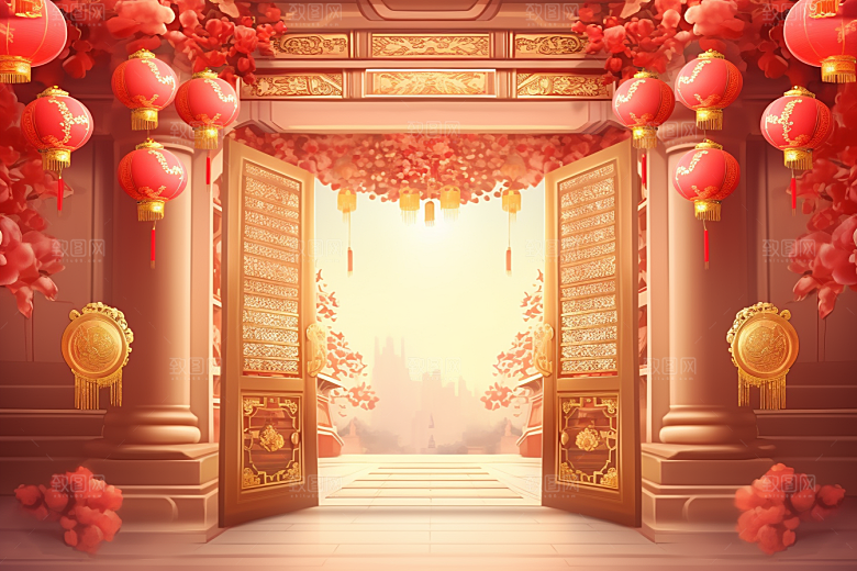 中式传统门楼国潮火热背景图