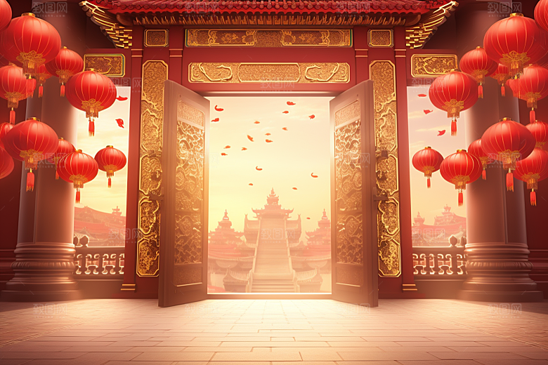 中式传统门楼开业大吉火热背景图