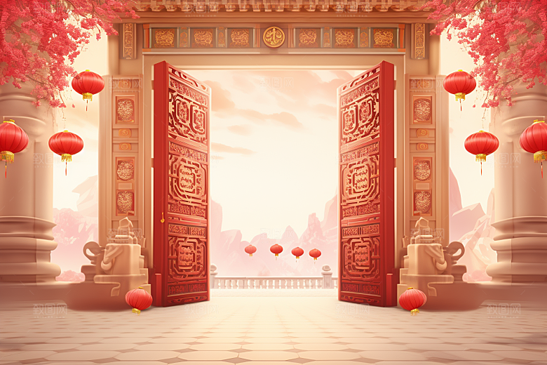 中式传统门楼喜庆开业背景图
