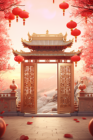 中式传统门楼国潮开业大吉背景图