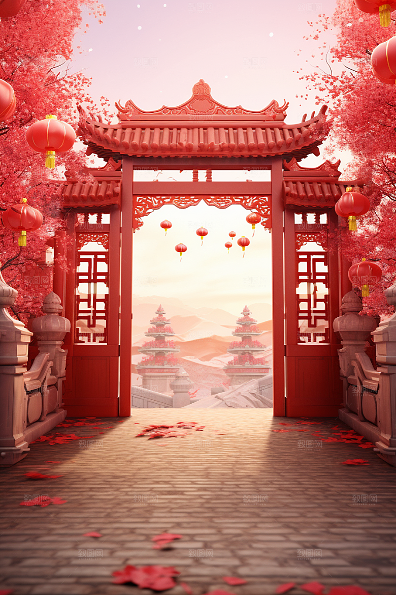 中式传统门楼促销直播背景图