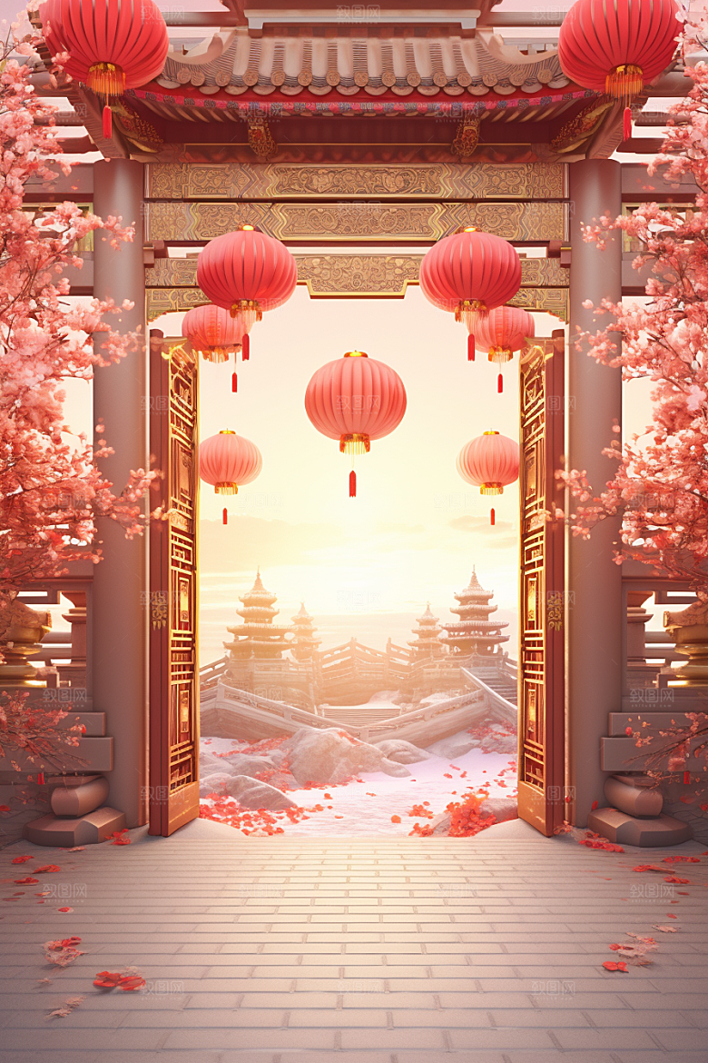 中式传统门楼开业火热背景图