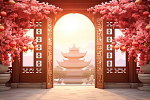 中式传统门楼开业大吉喜庆背景图