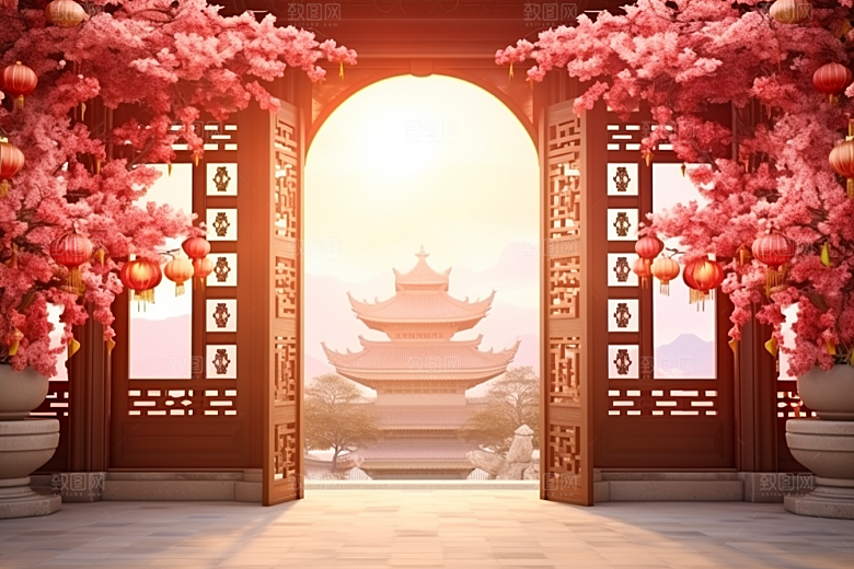 中式传统门楼开业大吉喜庆背景图