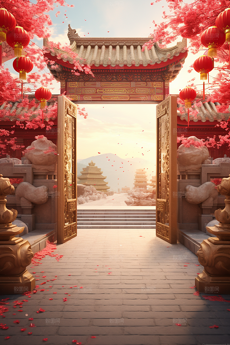 中式传统门楼开业开门红背景图