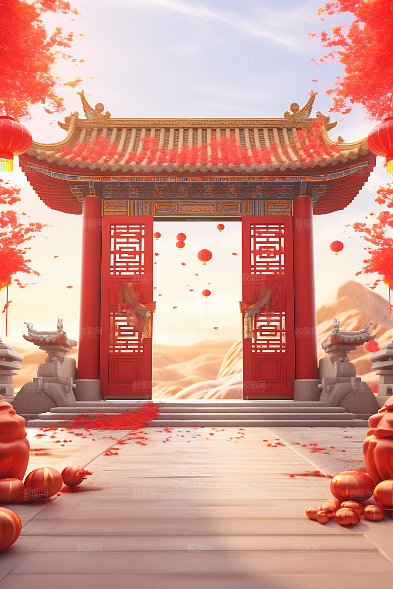 中式传统门楼促销直播背景图