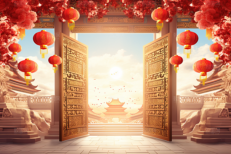 中式传统门楼直播火热背景图