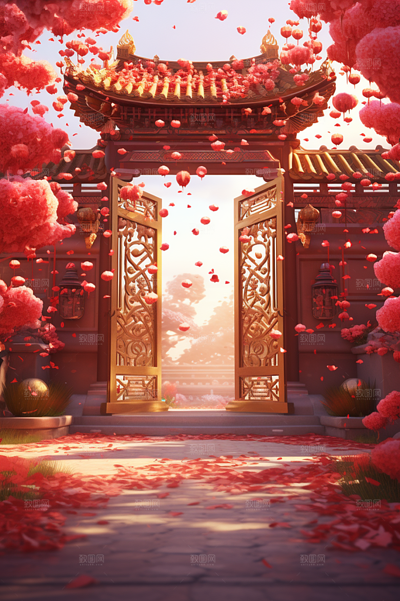 中式传统门楼开业开门红背景图