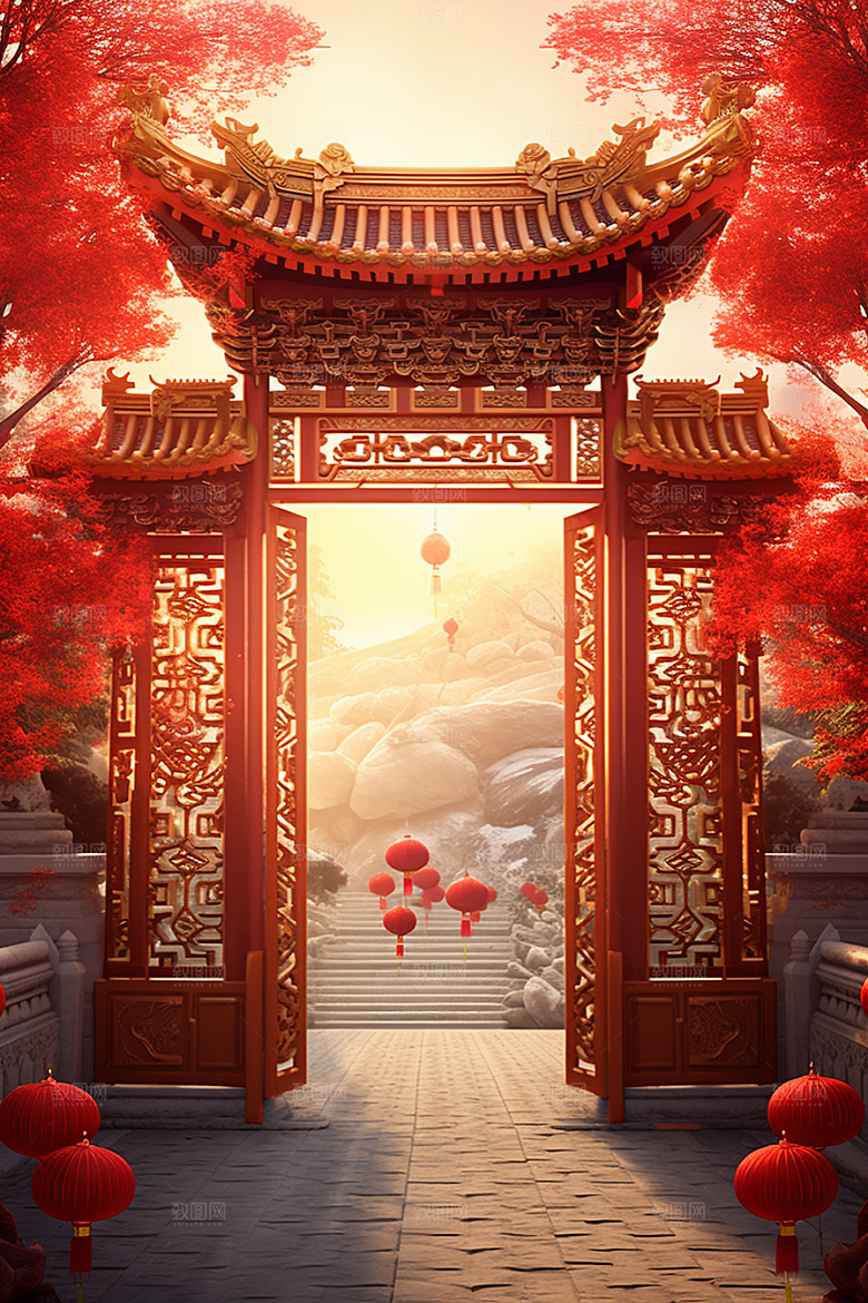 中式传统门楼中国风开业背景图