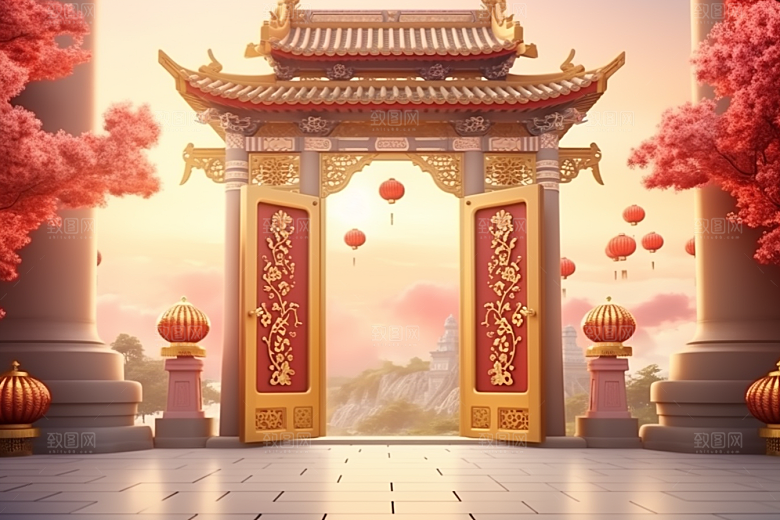 中式传统门楼开业开门红背景图